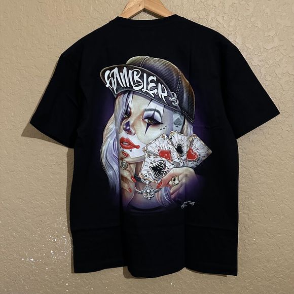 Gangster Joker Girl Card Hip Hop Money Mega Print T-Shirt L Black Rock Chang 3D - Picture 5 of 5